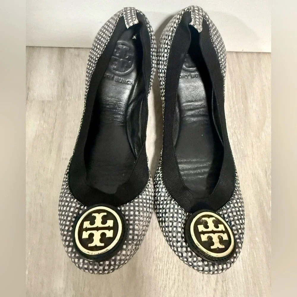 Tory Burch Ballet Flats Black White Checkered Logo Emblem Slip On Women US 5M
